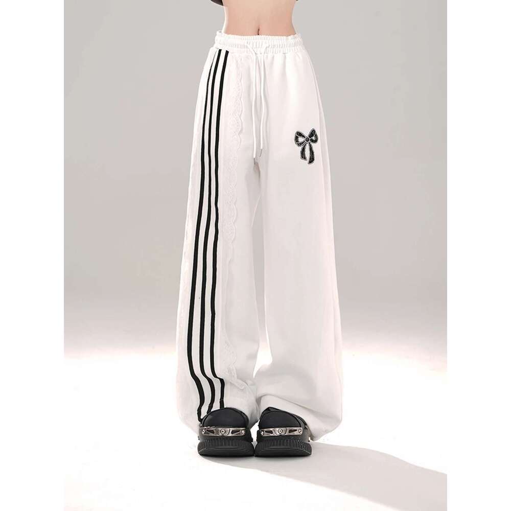 High Quality Hot Selling Wholesale Loose Lace Casual Women Wide Straight Leg Striped Drawstring Pants Streetwear