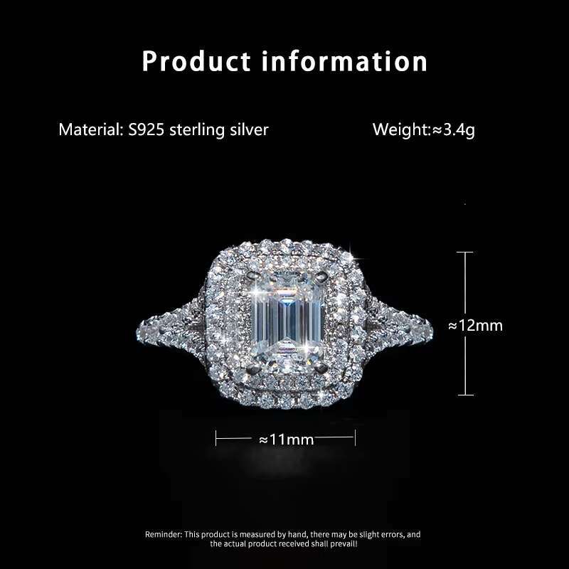 With GRA Certificate S925 Sterling Silver 5*7mm 1ct Emerald Cut Moissanite Ring for Women Engagement Wedding Band