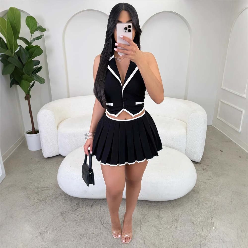 Designer T Shirt New Fashion Style College Wind Professional Slim Sexy Turn Down Collar Vest Top Pleated Short Skirt Set For Women Essentials Summer D