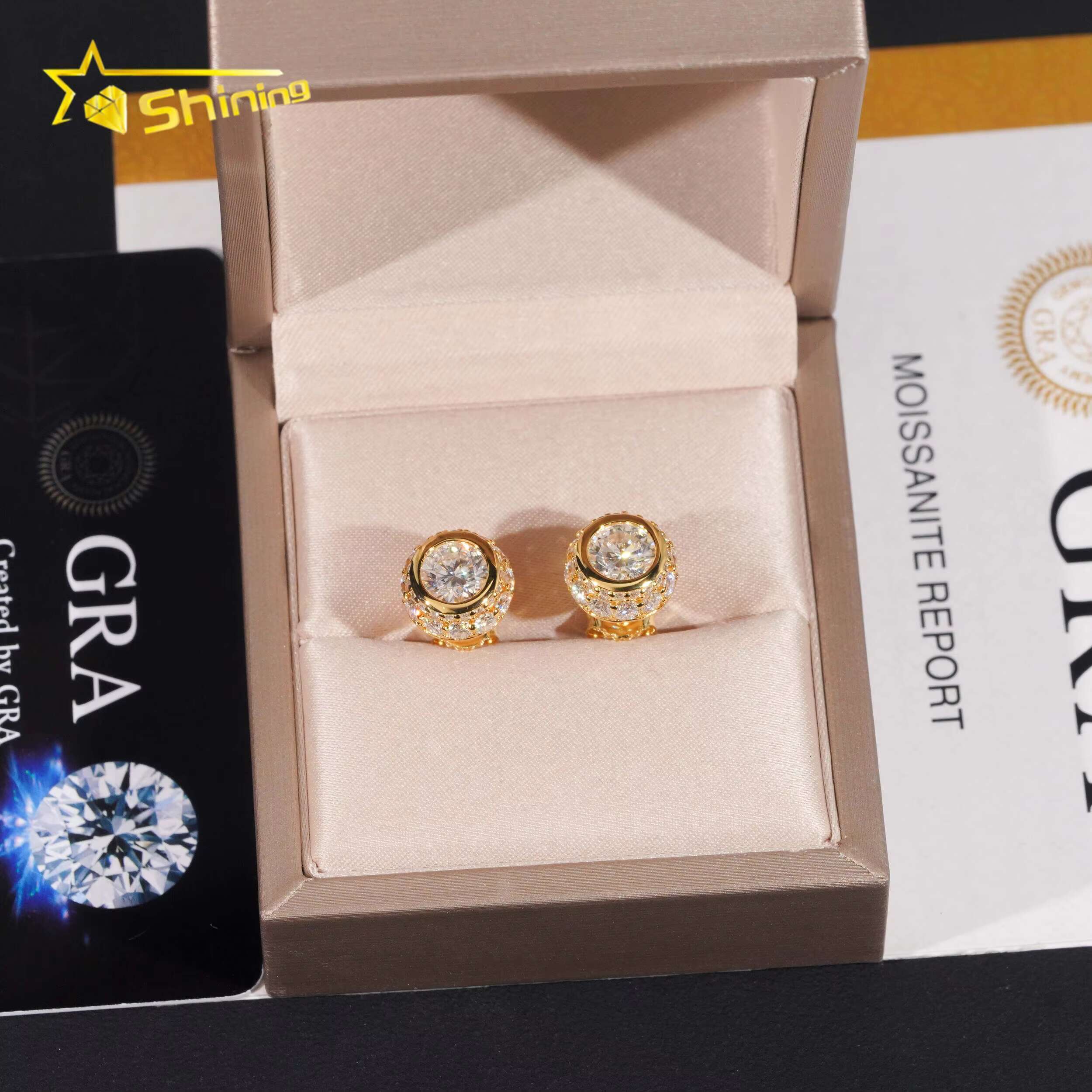 Hip Hop Luxury Gold Plated Bezel Setting 1ct Diamond Mens Silver Iced Out Moissanite Earrings