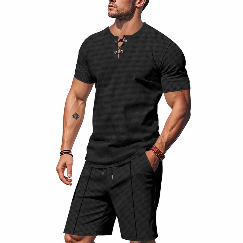 2025 Summer Simplicity Mens Suit Loose Walf Checks Fabric Breathable Comfort and Casual Short Sleeve Shorts TwoPiece 250530