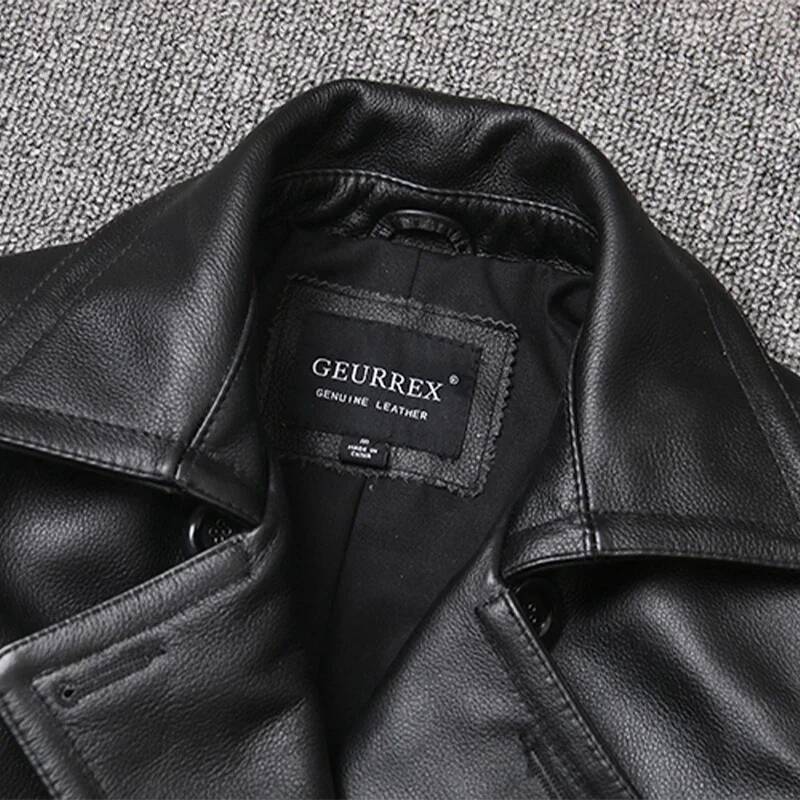 Genuine Leather Top Layer Cowhide Mid-Length Men's Lapel Windbreaker Slim-Fit Jacket Double-Breasted