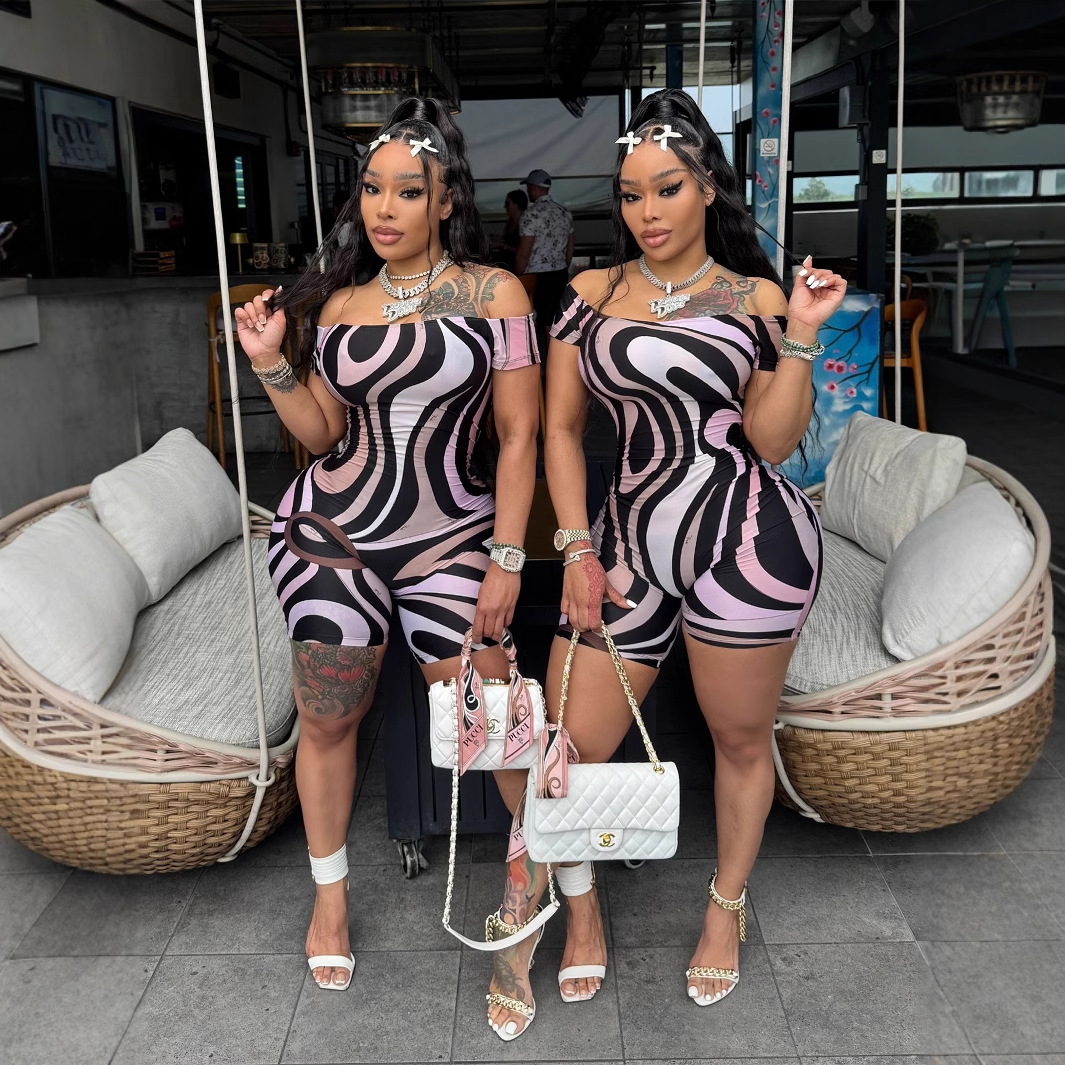 Designer T Shirt Summer Cross Border Trade Hot Selling Women S Strapless Geometric Pattern Print Short Sleeve Slim Fit Jumpsuit Essentials Summer Dres