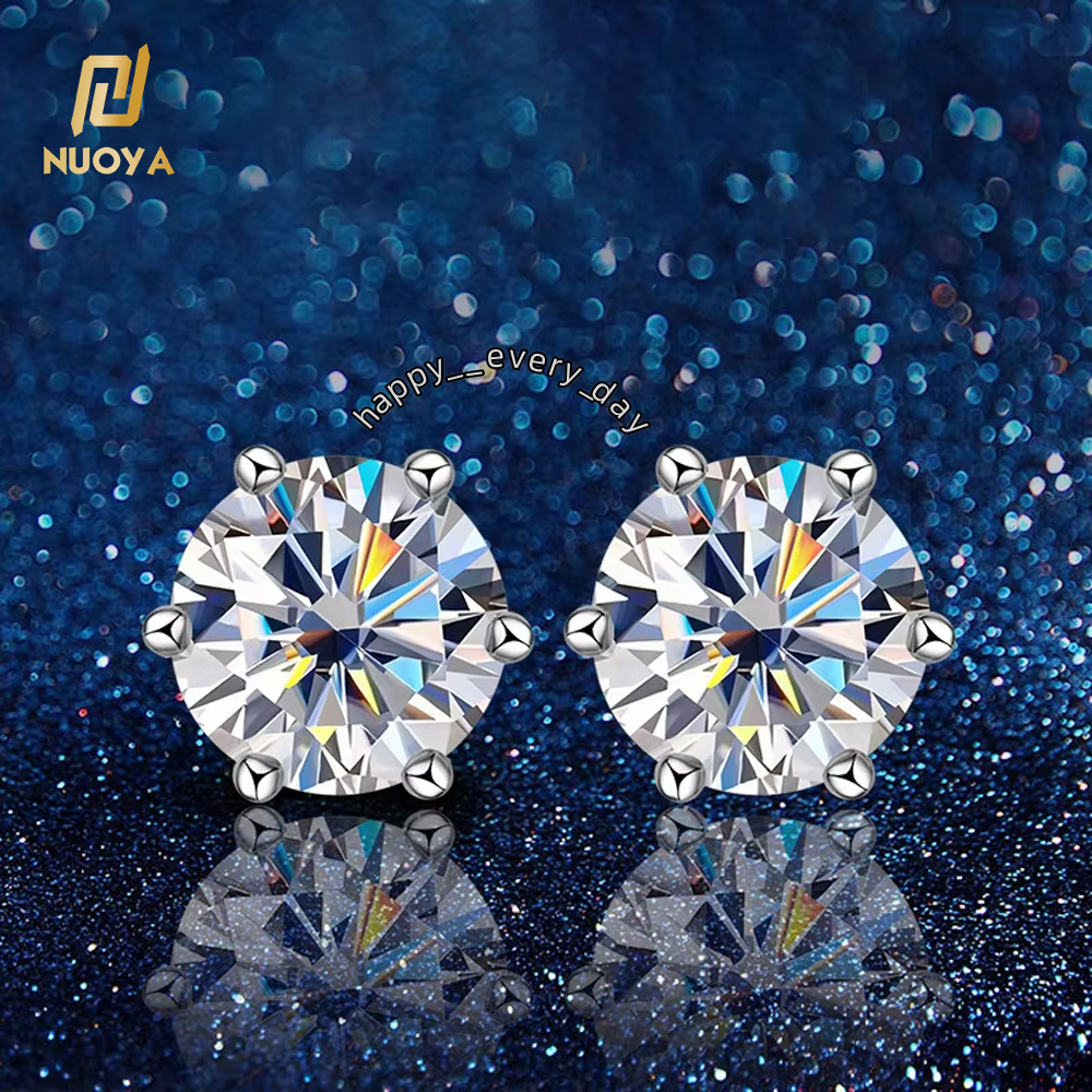 Nuoya Classic Design Six Claw Round Cut 0.5/1/2 Carat Moissanite 925 Sterling Silver Diamond Stud Earring for Women