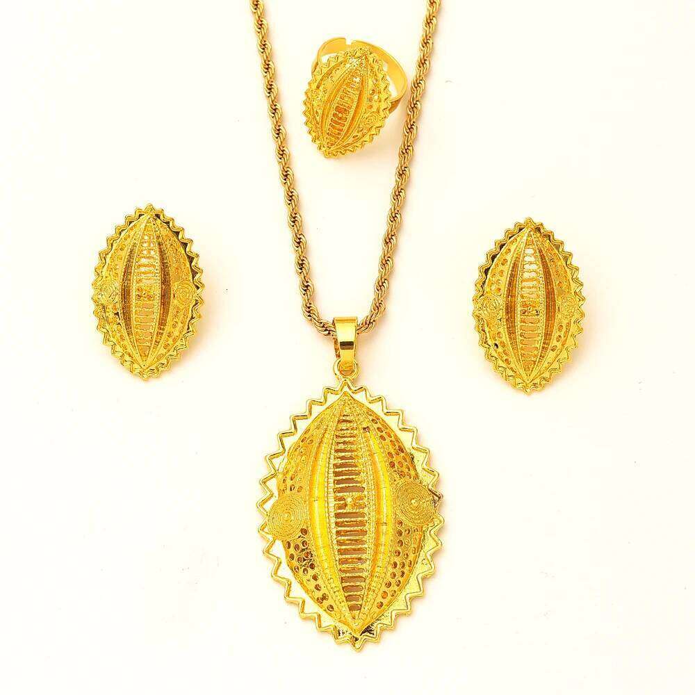 Shell Shape Gold Plated Ethiopian Eritrea Traditional Jewelry Set Necklace Earring Women's Habesha Wedding Bridal Best Gift