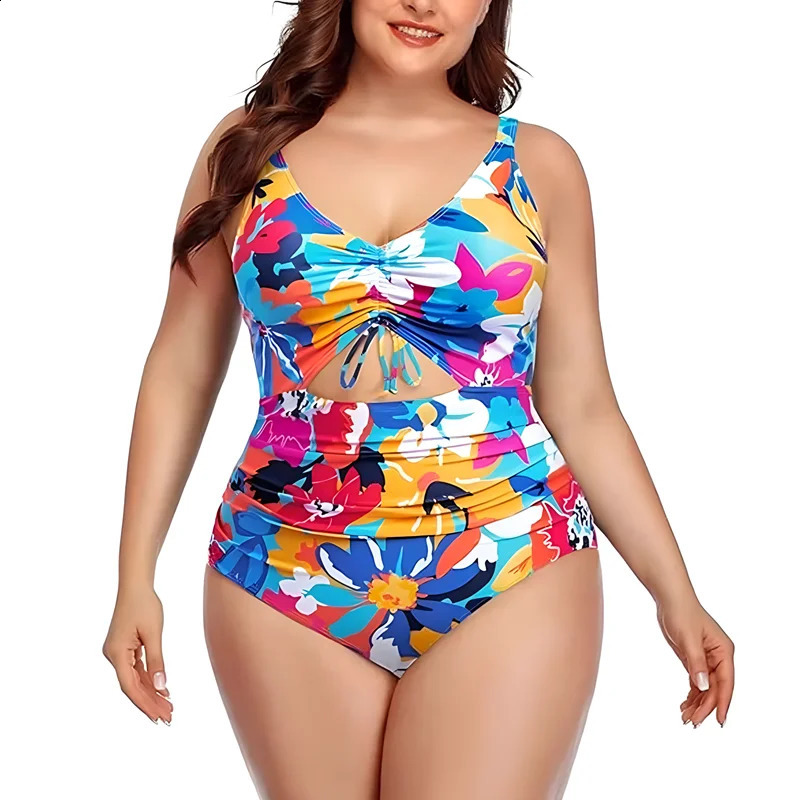 Floral Printed Women Plus Size Swimsuits Cutout Tummy Control Sexy Swimwear Female Monokini Bathing Suit 250528