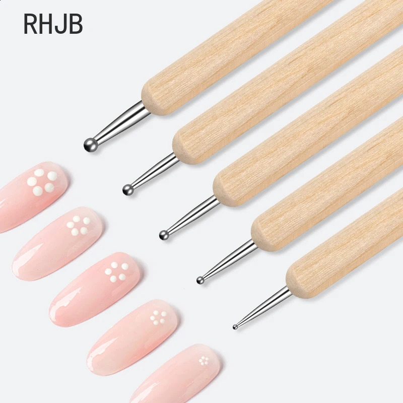 RHJB Nail Point Drill Pen Wooden Pen Bar Stirring Nail Polish Draw Five Petals Flower Polka Dot Double Head Stainless Bar Pen 250528