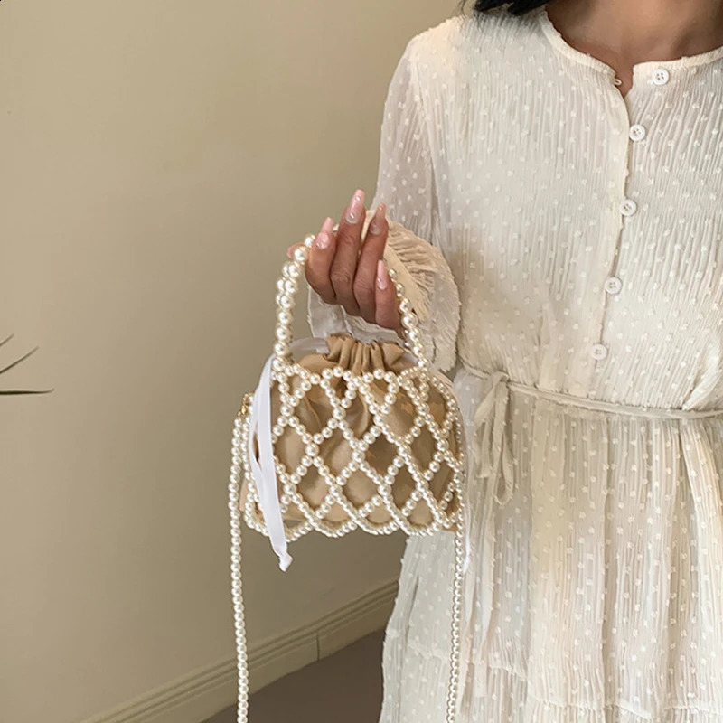 Sweet Handmade Pearl Shoulder Tote Bead Handbag Womens Summer Small Bucket Purse for Party 250530