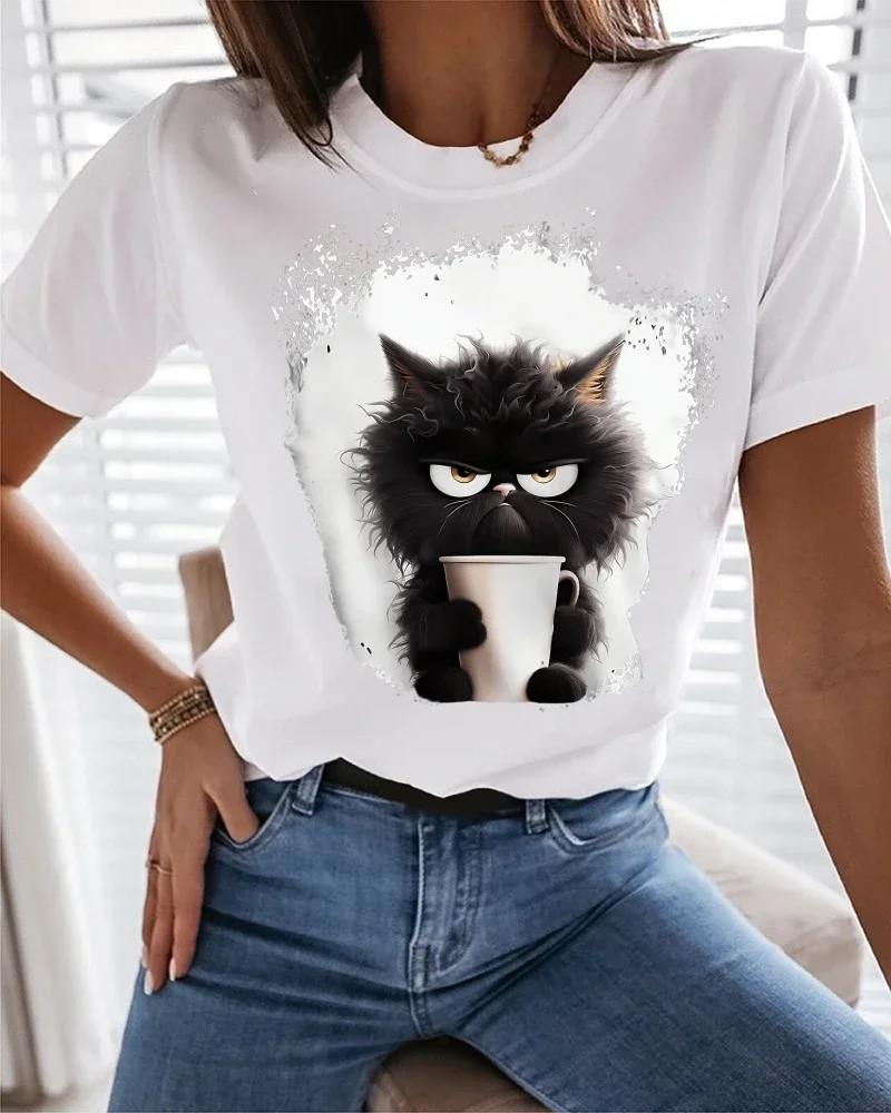 Women's Designer T Shirt Tee Cat Daily Weekend Black Print Short Sleeve Fashion Funny Round Neck Regular Fit Summer O-neck 100% Cotton Tops