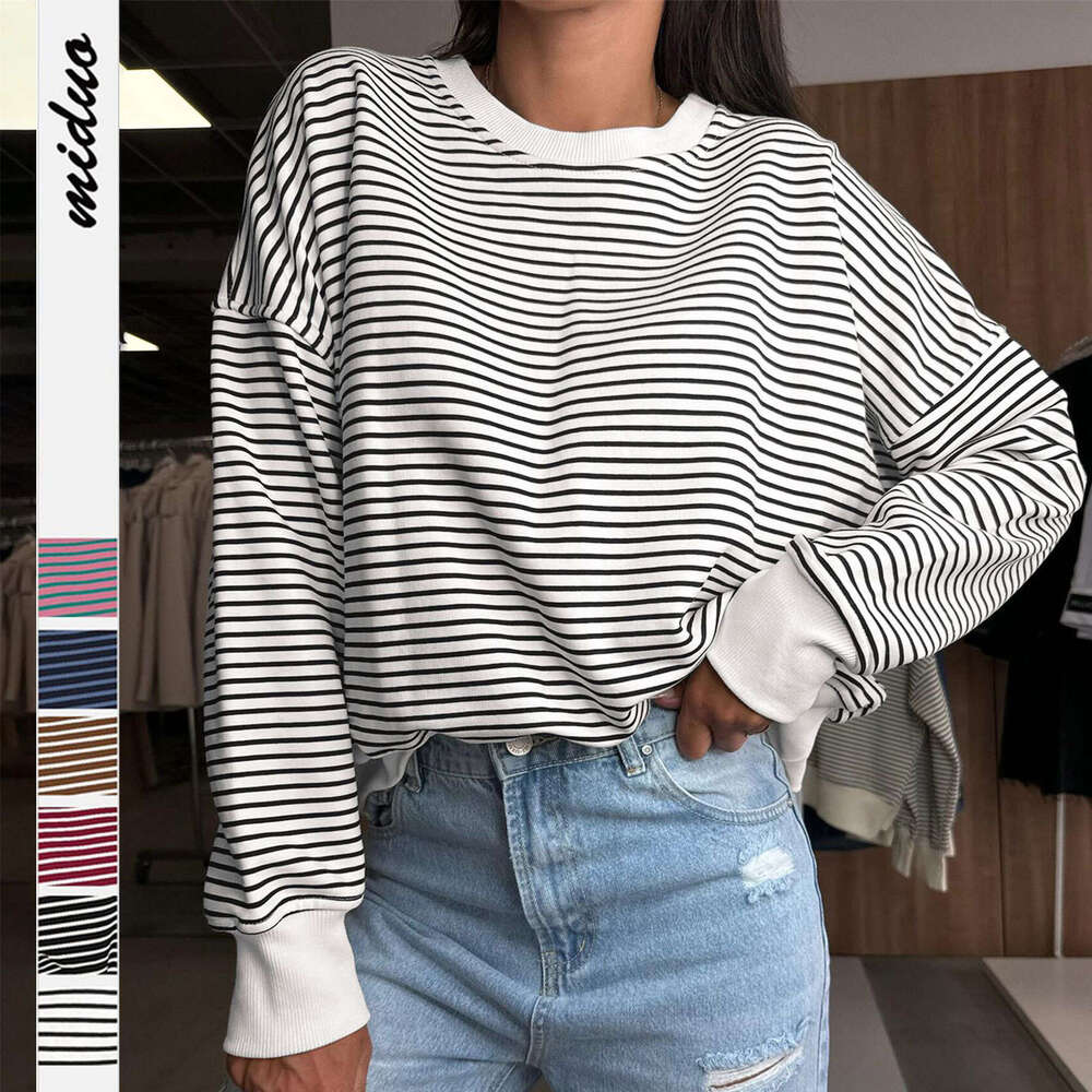 Women's Sweatshirt Early Autumn 2025 New American Style Loose Design Striped Top Round Neck Pullover Long Sleeve T-Shirt Trend