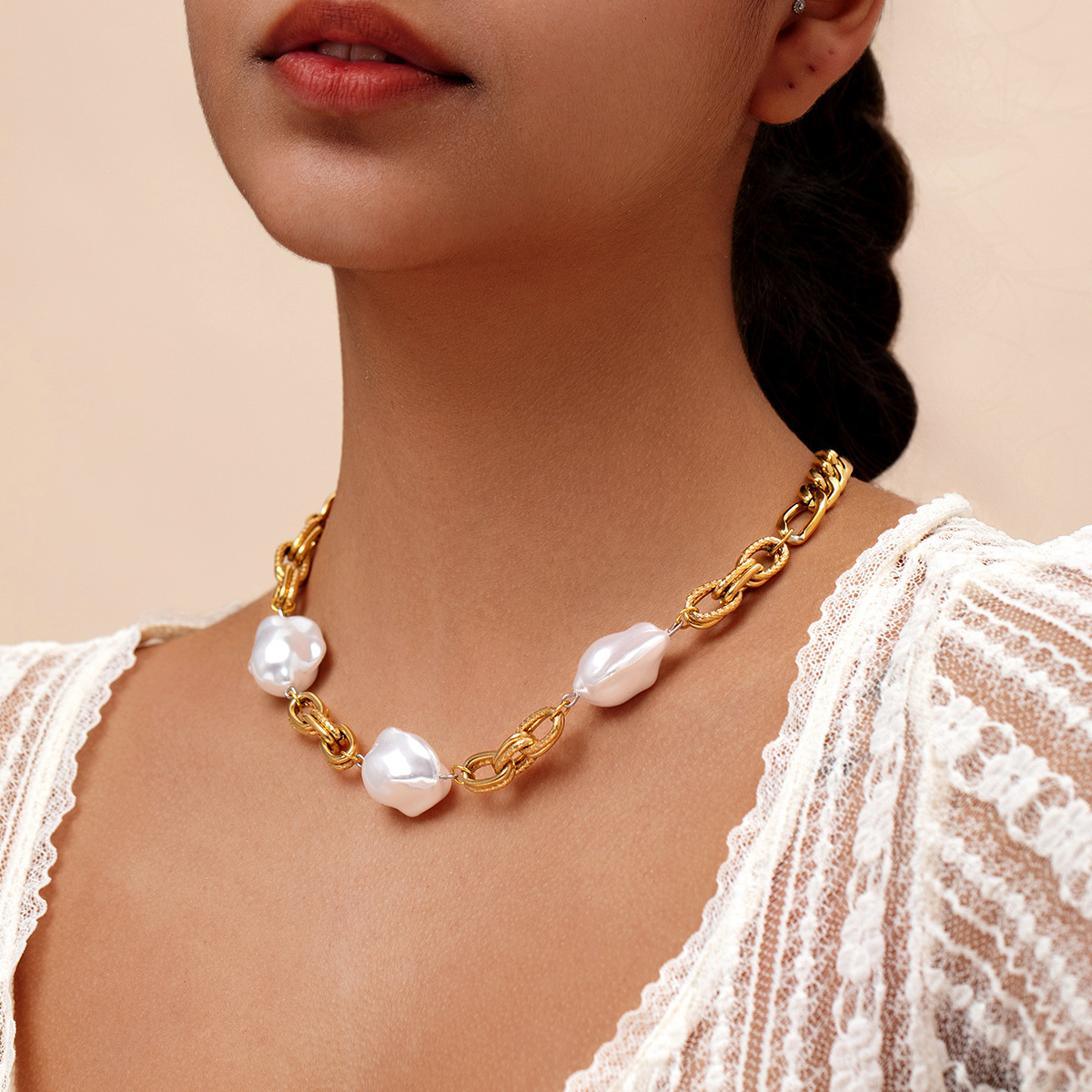 New Design Personality Simple Versatile Geometric Irregular Chain Pearl Clasp Necklace