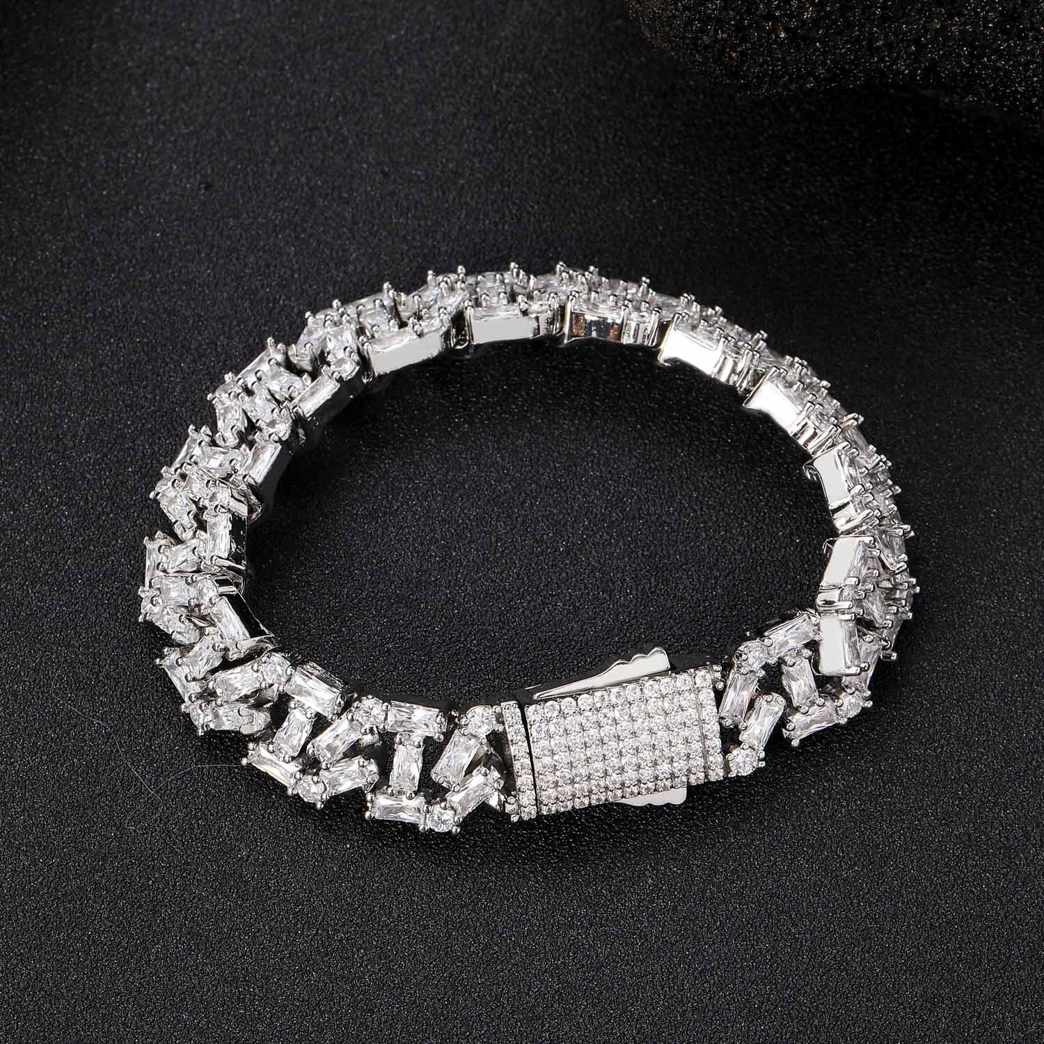 INS Bracelet Mens Hip Hop 13MM Ladder Square Diamond Japanese Cuban Chain Necklace Bracelet Mens and Womens Personality Simple Jewelry moissanite