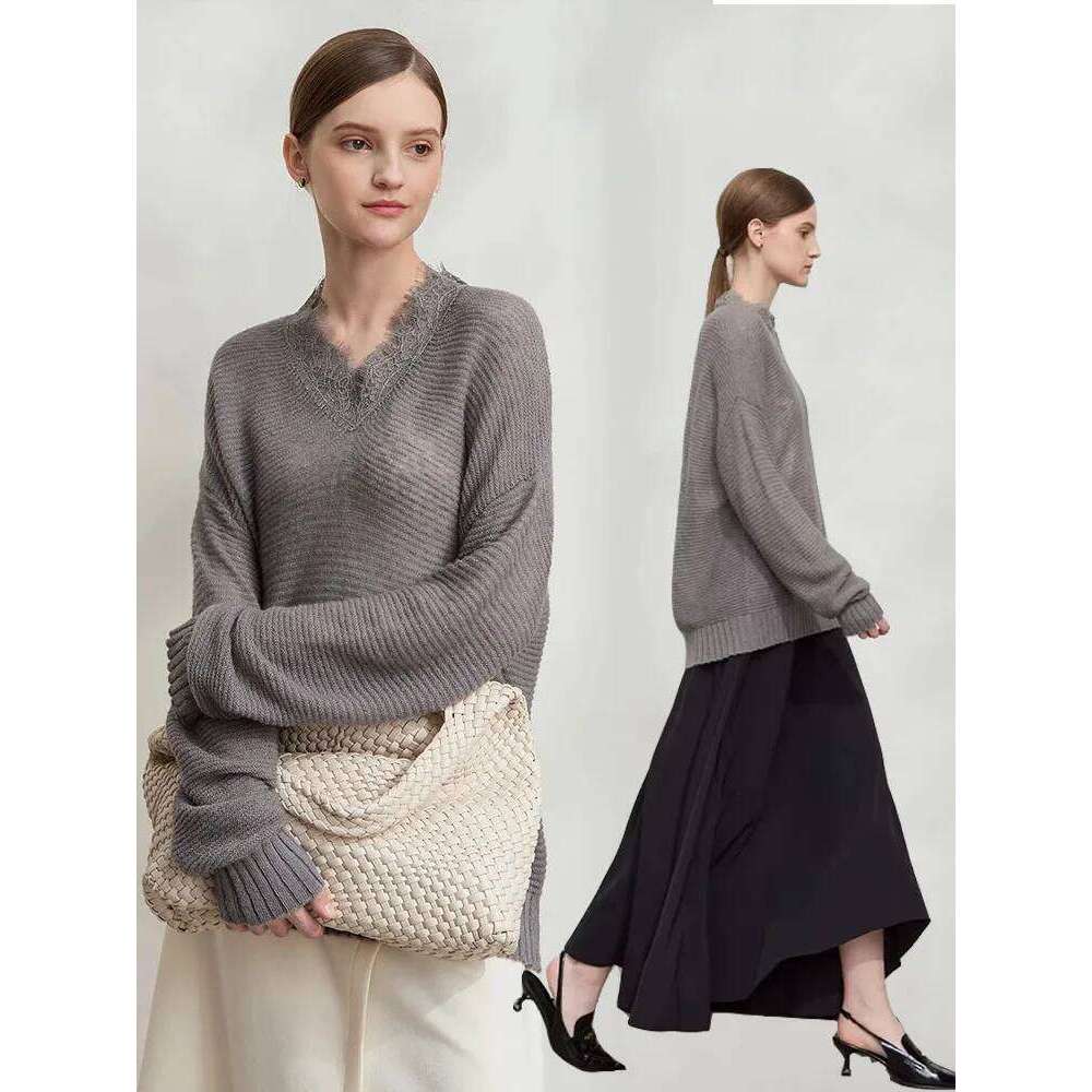 AMII Minimalism Knit Sweater Women 2025 Spring New Lace Solid Slim V-Neck Mohair Mid Length Loose Pullover Knitted Tops 12551043