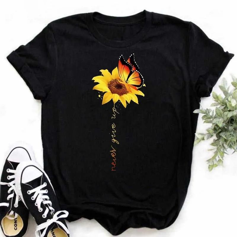 Desginer Women's T-shirt Casual Kawaii Sunflower Butterfly Pattern Print Tshirt Comfortable Casual Women's Clothing Black Top