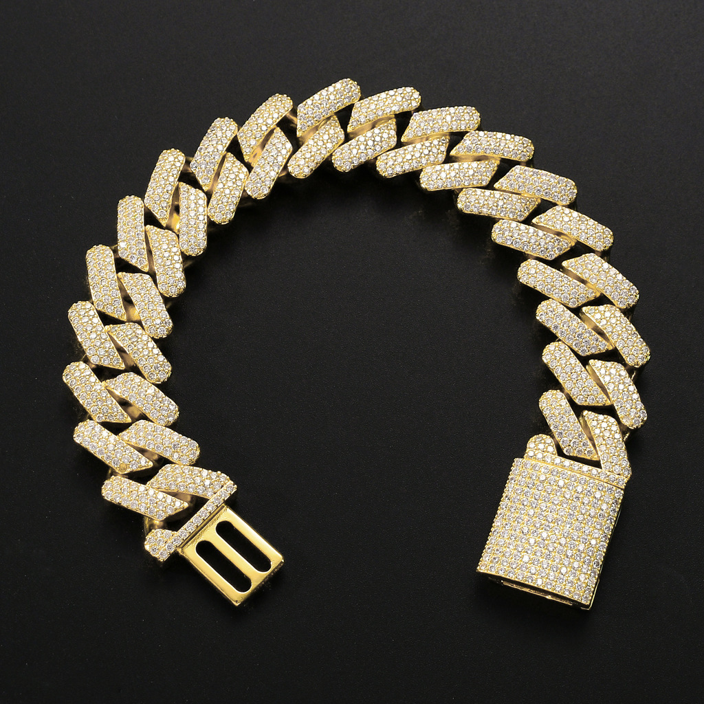Bracelet hip hop genuine gold plated 20mm solid CUBAN CHAIN full of Moissanite big box buckle mens Bracelet moissanite