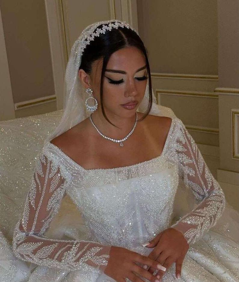 Modest Square Neck Bridal Dress Sparkly Sequins Beads Wedding Gown Luxury Sheer Long Sleeves Ball Gown Bride Robe Customized Vestido De Novia 0602