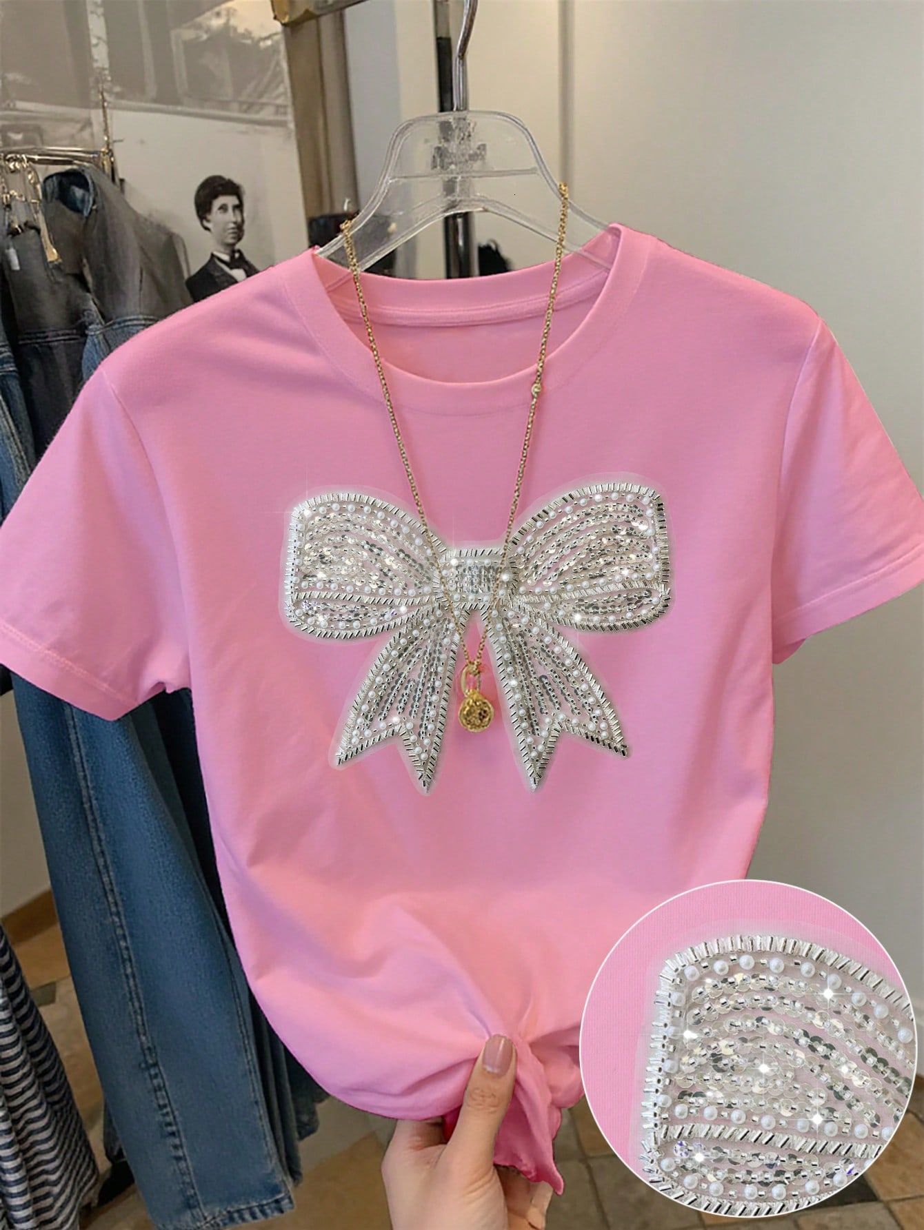 Designer T Shirt European And American Summer New Women S Fashion Cross Border Trade Casual Commuter Loose Round Neck Bow Print T Shirt Short Essentia