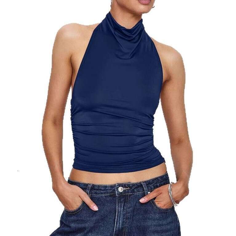 2025 Backless Solid Color Tank Y2K Half High Neck Ruched Halter Women's Sleeveless Top