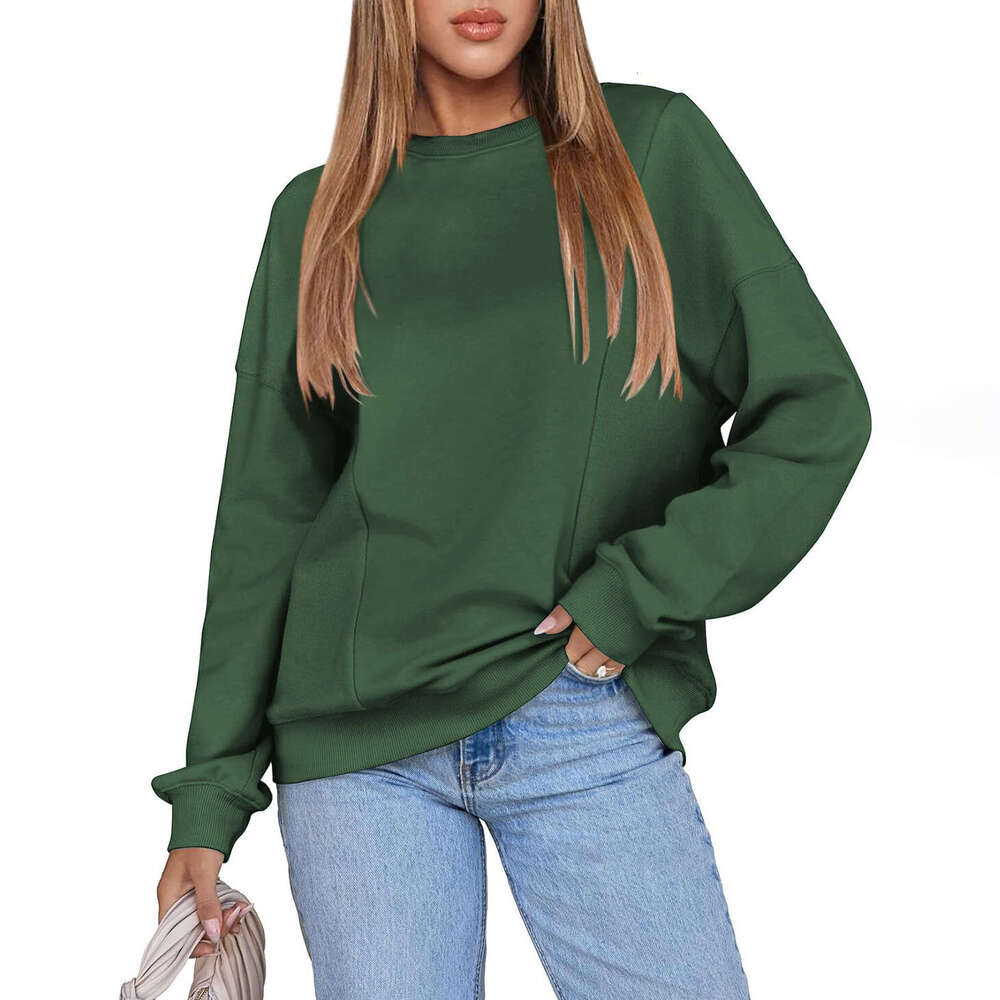 Decorative Line Solid Color Round Neck Loose Trendy Sweatshirt Pullover for Women in Autumn and Winter