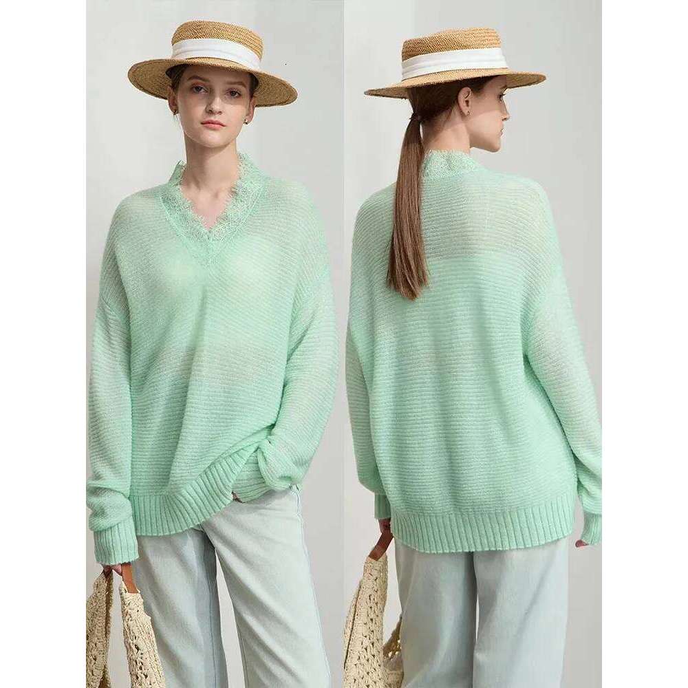 AMII Minimalism Knit Sweater Women 2025 Spring New Lace Solid Slim V-Neck Mohair Mid Length Loose Pullover Knitted Tops 12551043