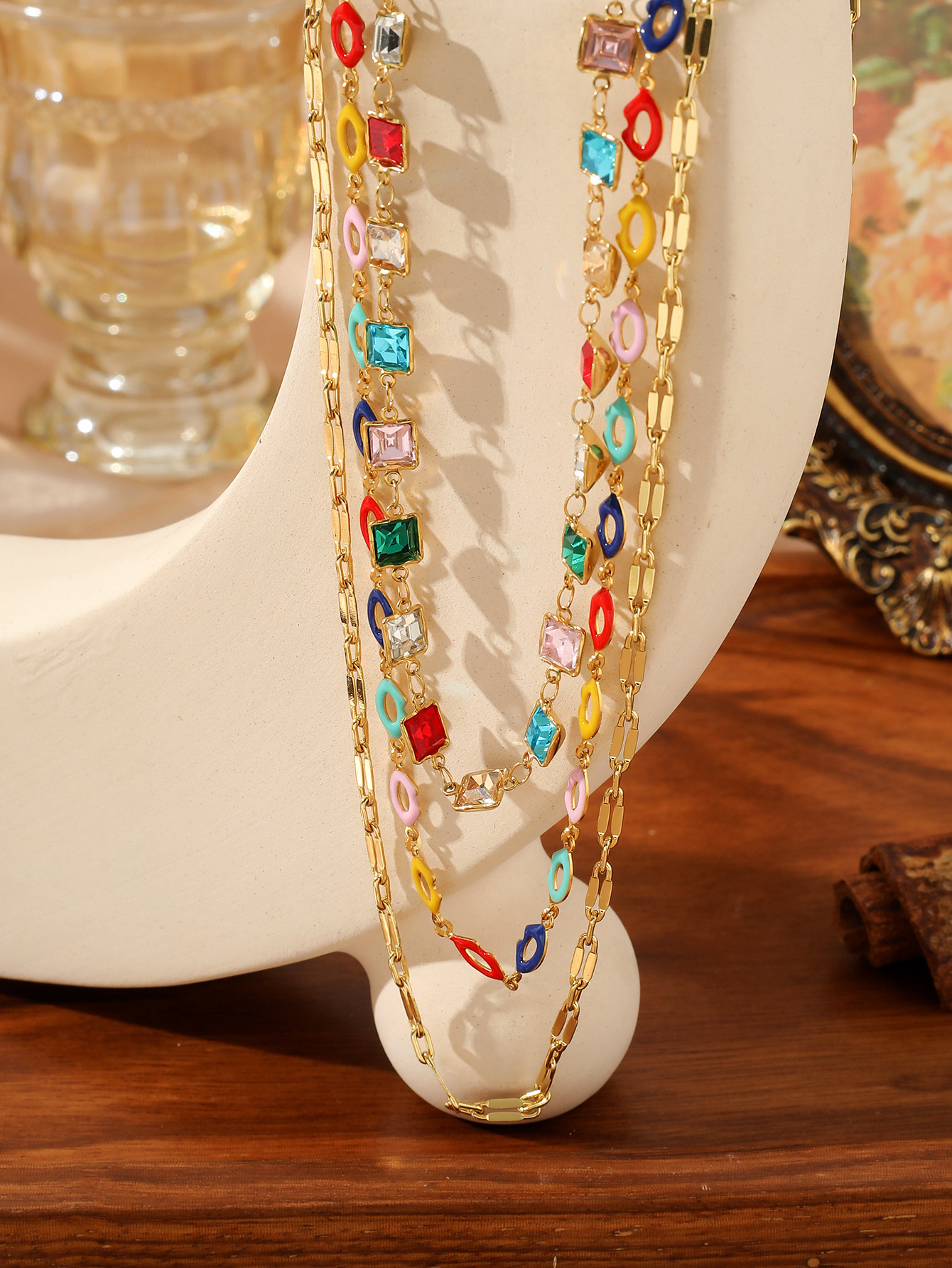 Hot Selling Jewelry Double Layer Fashion Ins Non-Fading Versatile Queen Necklace Glass Beads Exquisite Clavicle Choker