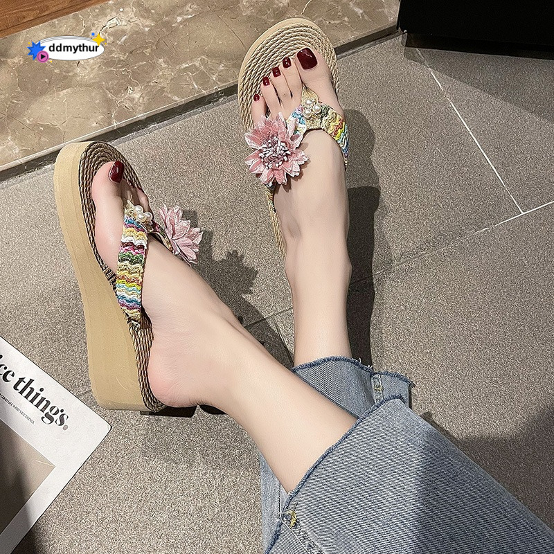 New Fairy Style Wedge Flip-Flops for Women Summer Fashion Straw Woven Flower Thick Sole Casual Pastoral Vacation Beach Sandals ddmythur