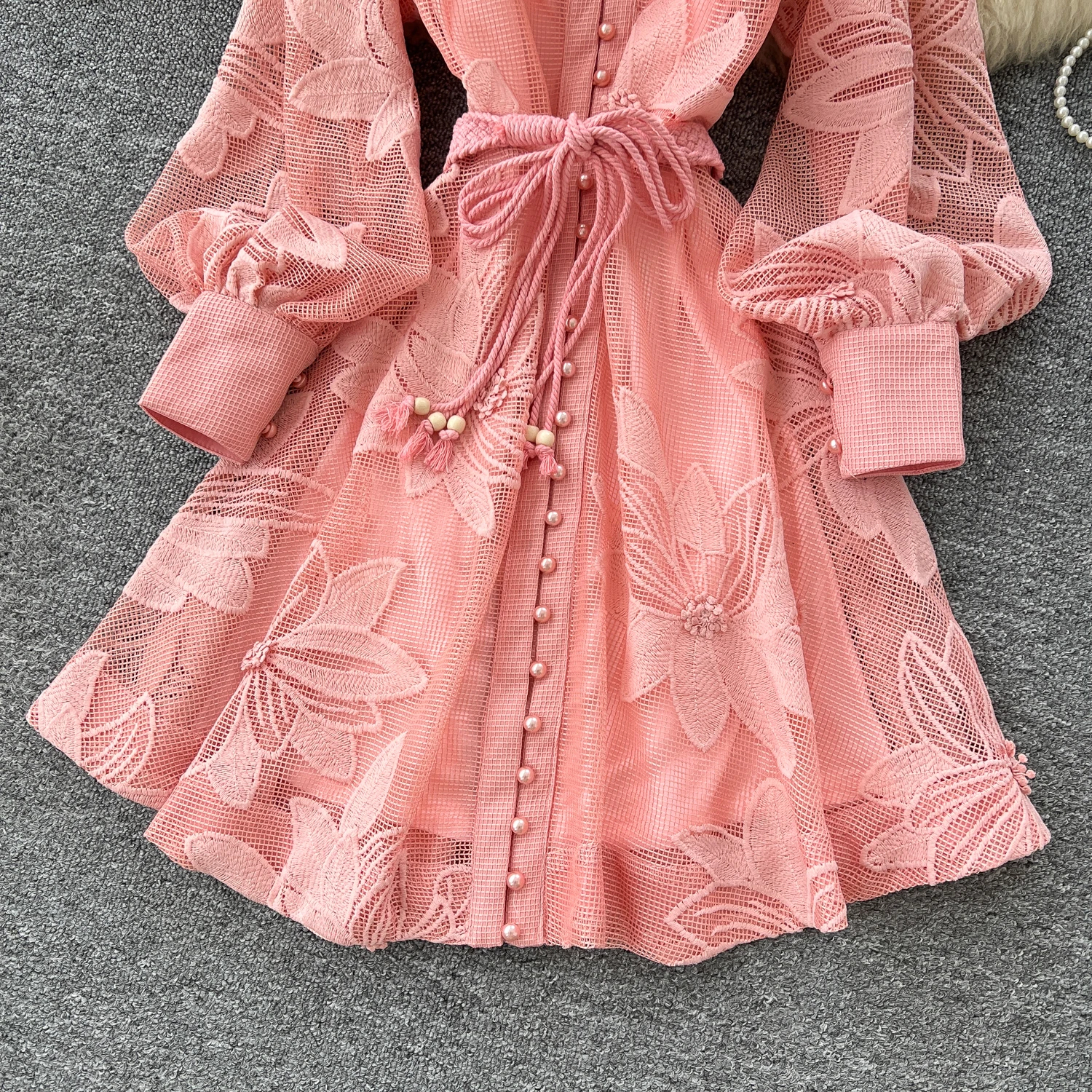 Women Casual Dresses Spring Summer French Lace Embroidery Women's Dress Stand Collar Long Lantern Sleeve Single Breasted Belt Party Birthday Dres