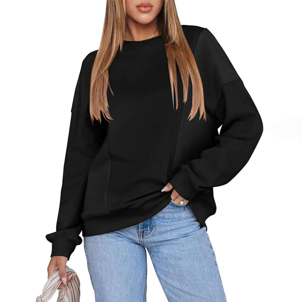 Decorative Line Solid Color Round Neck Loose Trendy Sweatshirt Pullover for Women in Autumn and Winter