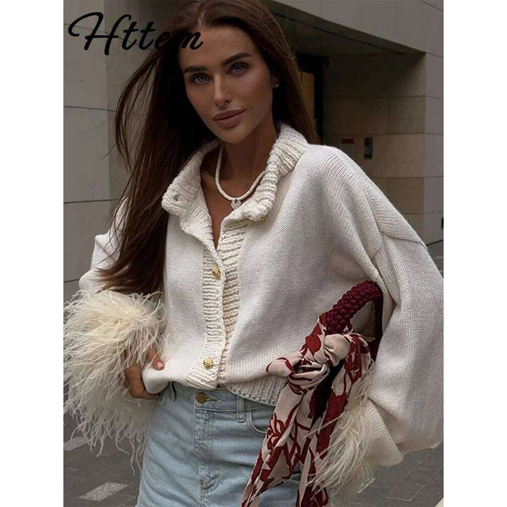 Casual Feather Knitted Cardigan Women Loose Long Sleeve Single Breasted Patchwork Sweater 2024 Fall Lady Street Knitwear