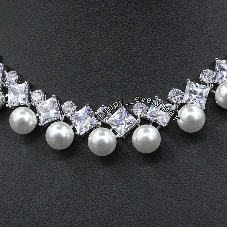 Fashion Womens Zircon Mossanite Double Pearl Earrings Jewelry Set Necklace With Earrings Set for Women