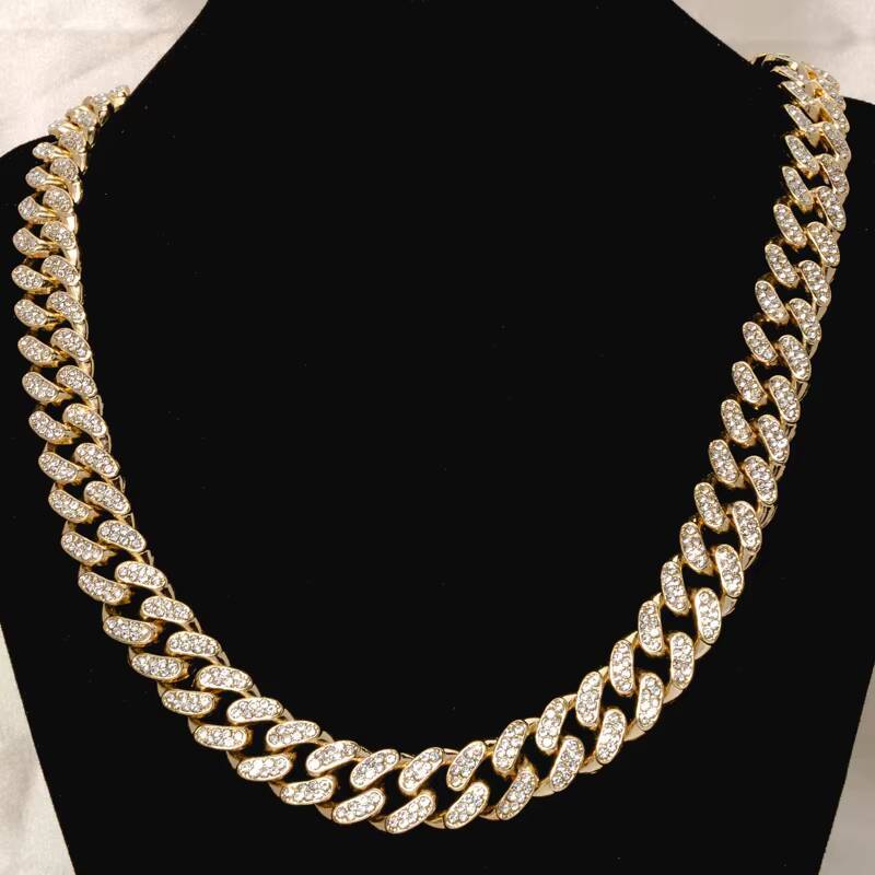 Hip hop Jewelry Plated Iced CZ Pin Necklace Cuban Chain 12mm White Gold Sier Fashion