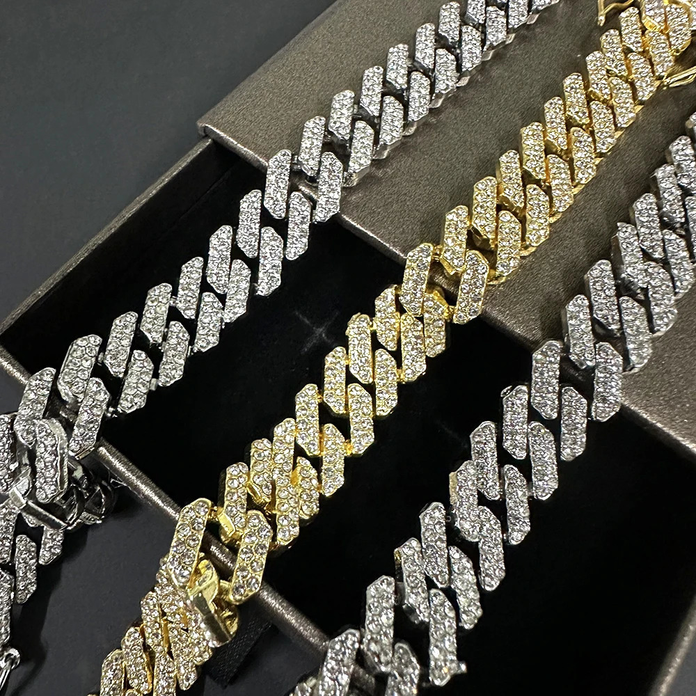 10mm Square Iced Out Cuban Link Chain Bracelet for Men Women Bling Rhinestone Hip Hop Necklace Jewelry 250530
