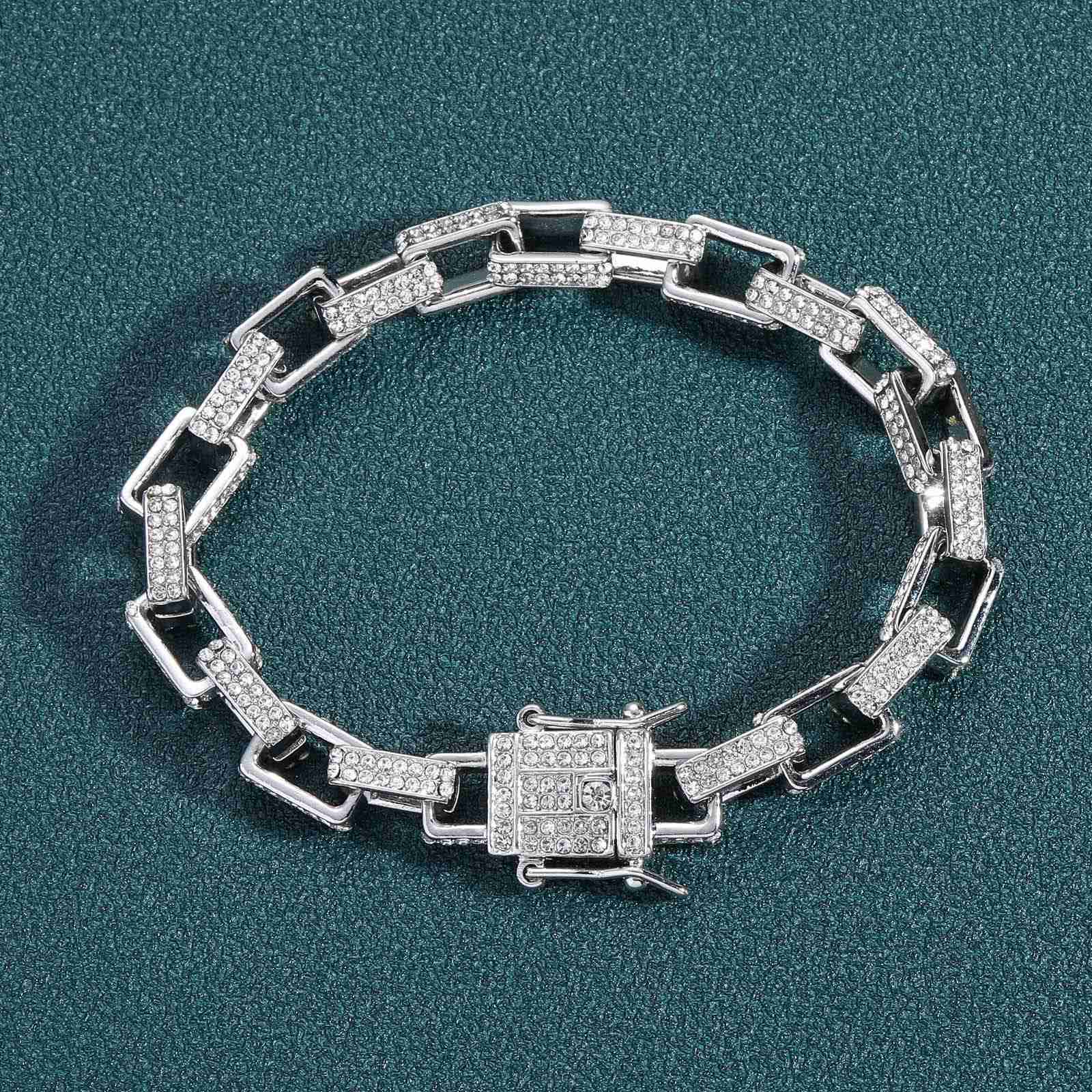 Bracelet hip hop 8mm square box chain personality mens Moissanite diamond inlaid hip hop Bracelet moissanite