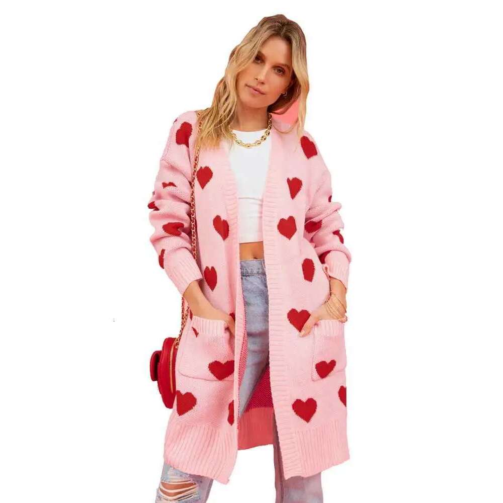 Boho Inspired Jacquared Hearts Women Long Sleeve Knitted Sweater New Autumn Winter Pink Cardigan Coat