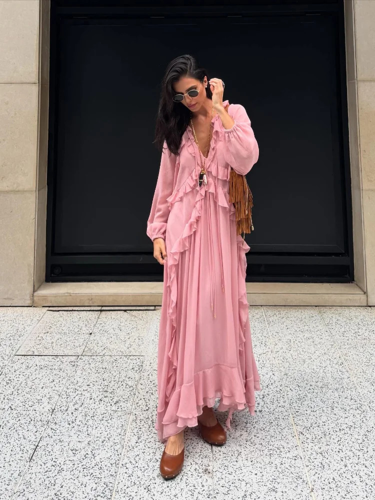 Elegant Solid Multiple Flounces Lace Up Dresses Chic Loose V Neck Full Sleeve Robes Lady Summer Commute Vacation Gown 250529