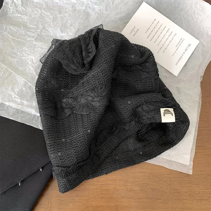 Korean Lace Hollow Pullover Hat Spring and Summer Sweet Versatile Breathable Thin Big Head Skull Beanie Cap for Womens 250530