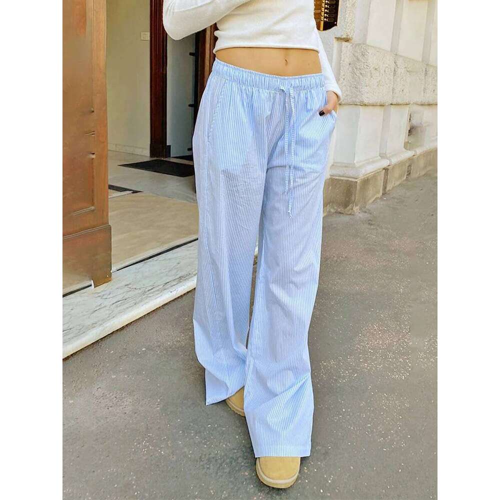 Women's Casual Stripe Print Wid Leg Drawstring Elastic Waist Loose Straight Long Pants With Pockets Lounge Trousers Street