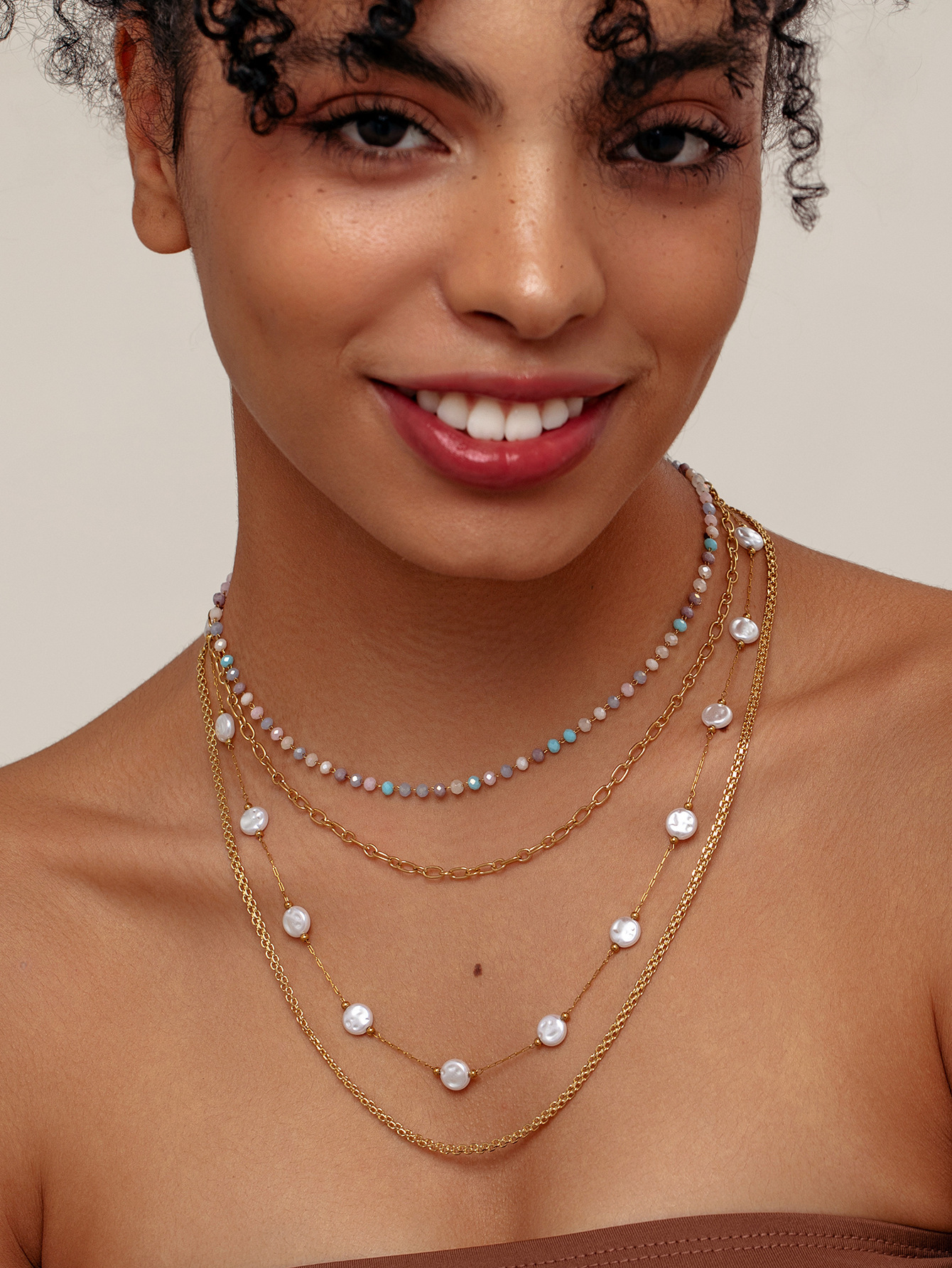 Internet Celebrity Style Fashion Versatile Gold Stainless Steel Small Pearl Chain Double Layer Necklace for Women