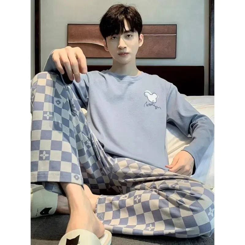 Plus Size Men Pajamas Set Spring and Summer Plaid Solid Color Youth Sleepwear Homewear Tops Pants Nightwear Loungewear 250526