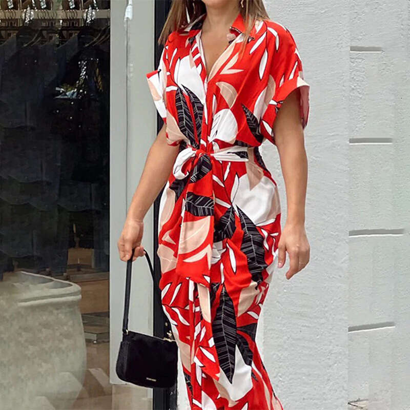 European and American Women's Printed Lapel Short Sleeve High Waisted Long Shirt Dress 2025 Temperament Versatile New Trend Clothing Ins