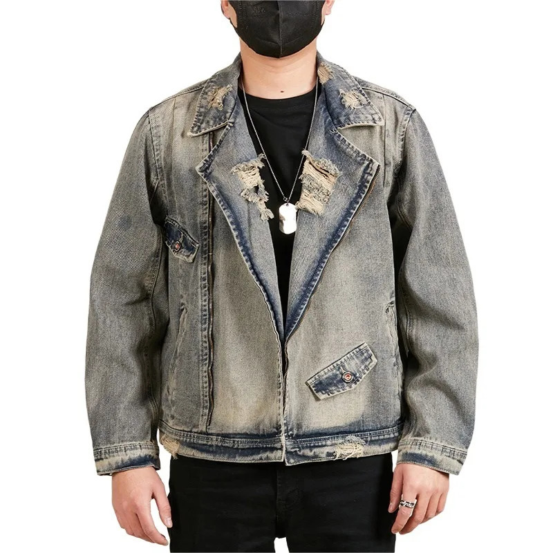 Mens Broken Hole Washed Old Denim Loose Casual Plus Size Ripped Motorcycle Jacket Cowboy Coat Man Spring Autumn Bomber Jacket 250529