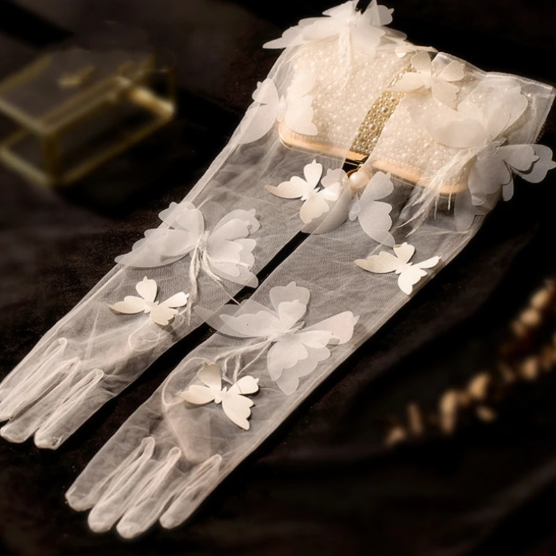 Stock Princess Women Wedding Gloves Full Finger Butterfly Feather Elbow Length Bridal Acccessory guantes largos mujer 250530