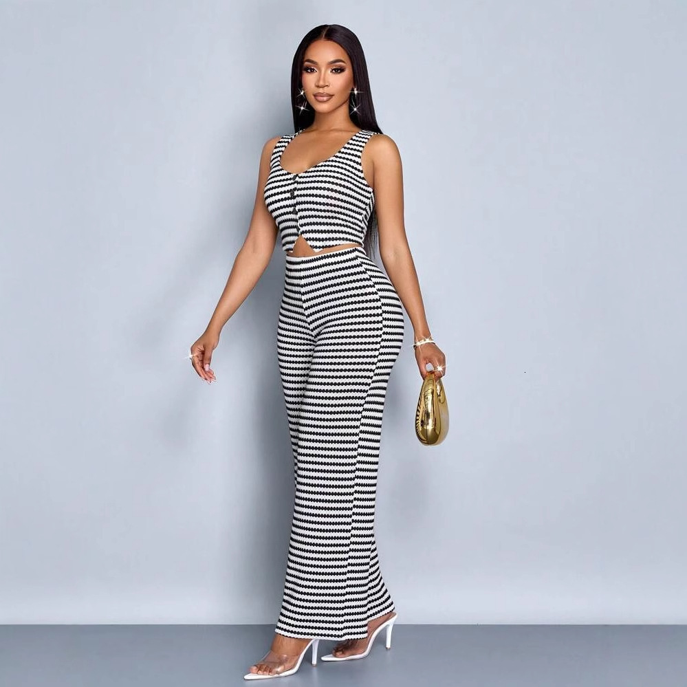 Designer T Shirt New Fashion Women S Clothing Fashion Personality Striped Print Sleeveless Vest Top Loose Wide Leg Pants Set Essentials Summer Dress