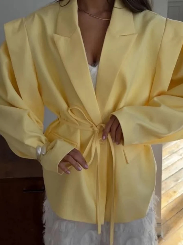 Elegant Solid Lapel Blazer Jackets Women Long Sleeve Single Button Lace Up Coats 2025 Spring Summer Fashion Street Lady Jacket 250530