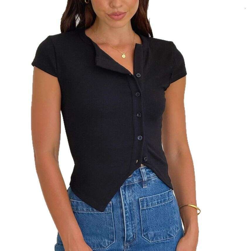 2025 New Y2K Women's Fashion Split Ribbed Solid Color Short Sleeve Button Top V-neck Irregular T-shirt