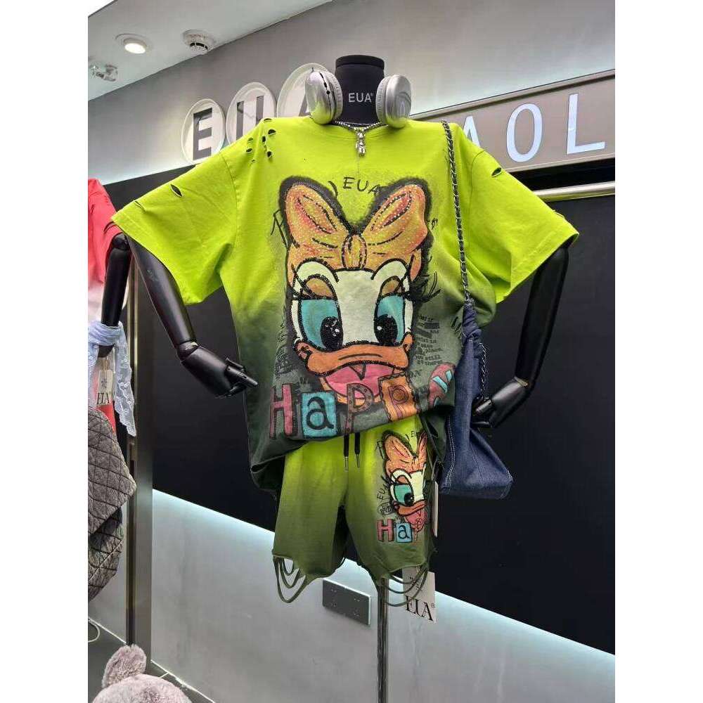 Popular Hole Design Cartoon Short-sleeved T-shirt Set Women's 2025 Summer New Loose Casual Age-reducing Short Top Pullover 13742