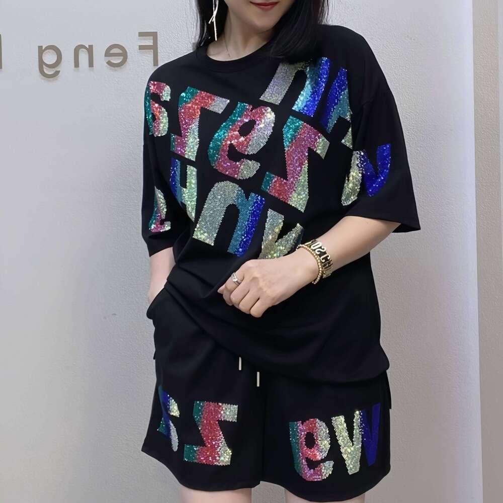 Oversized summer short-sleeved T-shirt and shorts casual set, Rhinestone wide-leg pants two-piece women's set