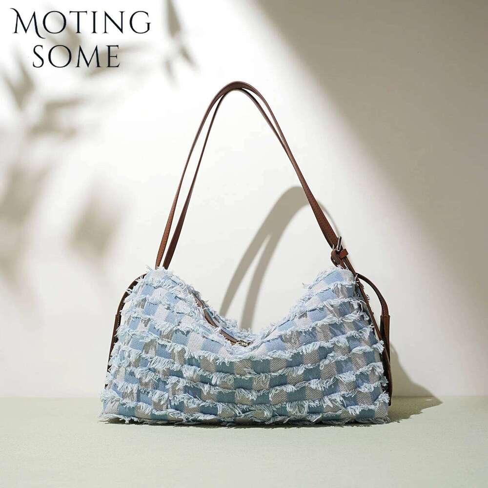 OLOEY Motingsome Retro Style Denim Fabric Plaid Pattern Shoulder Handbag and Purse Designer Tote Bags Lady Satchel 2025
