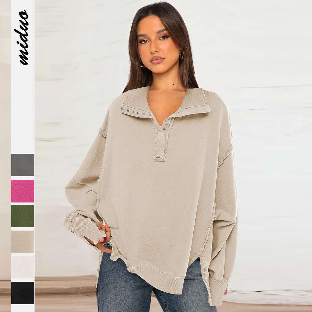 Decorative Line Design Sense Top with Split Lantern Sleeves Polo Collar Sweatshirt Jacket for Women Spring and Autumn