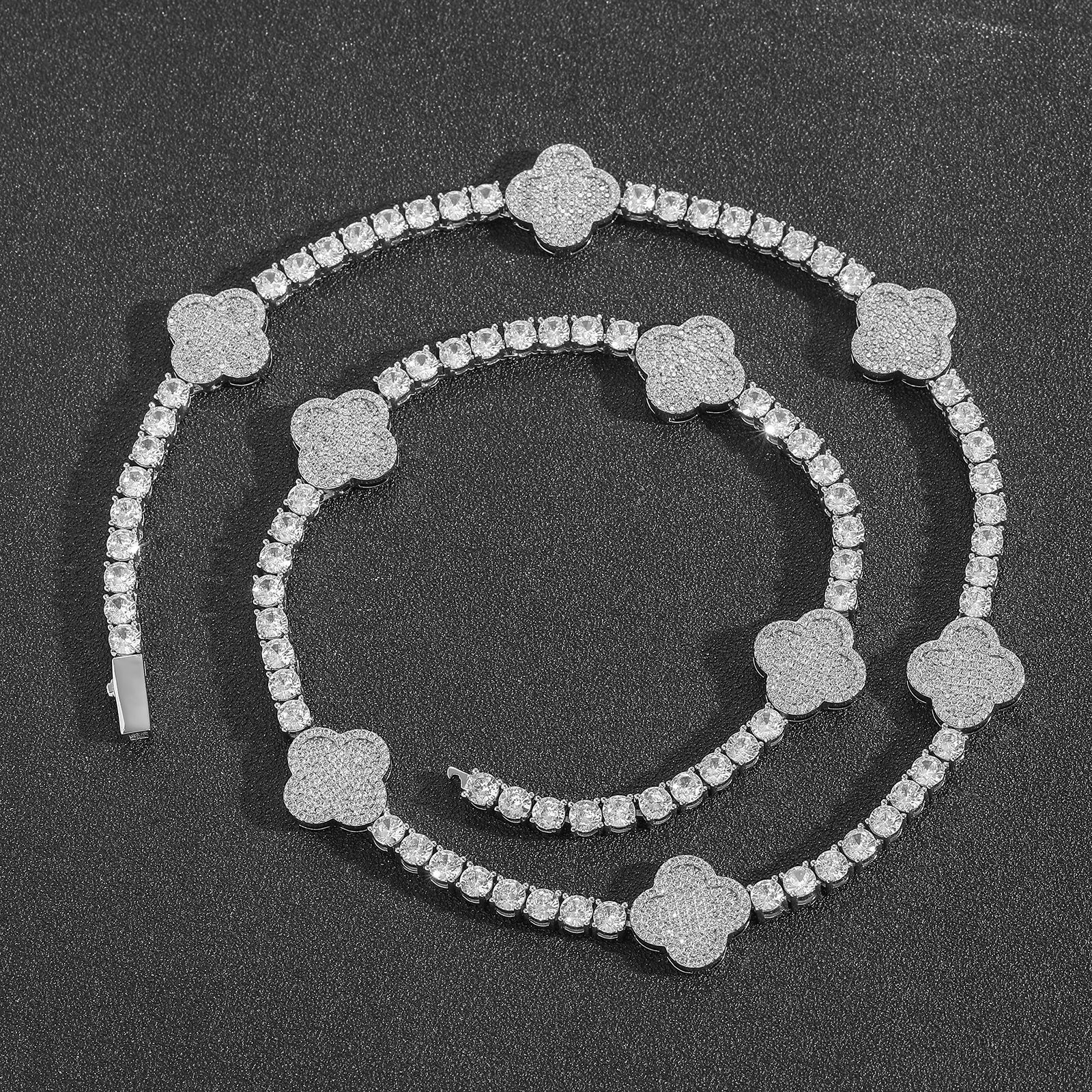 Hip hop spring buckle four leaf clover Moissanite tennis chain mens necklace high-end versatile bracelet accessory moissanite
